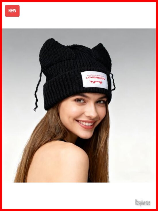 Unisex Knitted Bunny Ear Beanie Cute Slouchy Hat Winter Warm Y2K Skull Cap main image 4